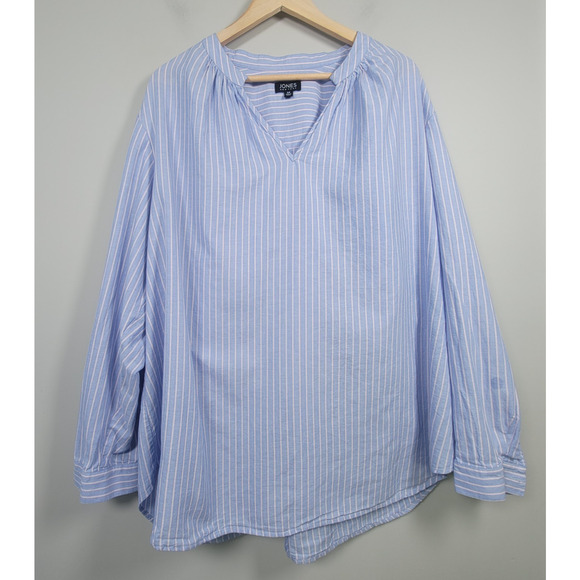 Jones New York Striped Popover Top Womens 3X Linen Cotton Blend Blue White - Picture 1 of 10